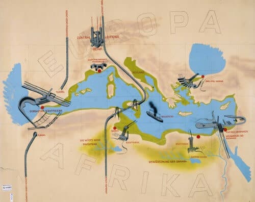 Map of Europe, the Mediterranean and Africa after placing dams in Gibraltar, between Sicily and Tunisia and between the banks of the Dardanelles Strait in Turkey. The parts in olive green are areas that will be drained from the sea due to lowering its level. From the Atlantropia archive at the Deutsche Museum in Munich.