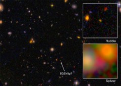 הגלקסיה EGS8p7 כפי שנצפתה מטלסופ החלל האבל (התמונה הגדולה והתמונה שבצד ימין למעלה, ועל ידי טלסקופ החלל שפיצר) למטה מימין באינפרה אדום. I. Labbe, (Leiden University), NASA/ESA/JPL-Caltech