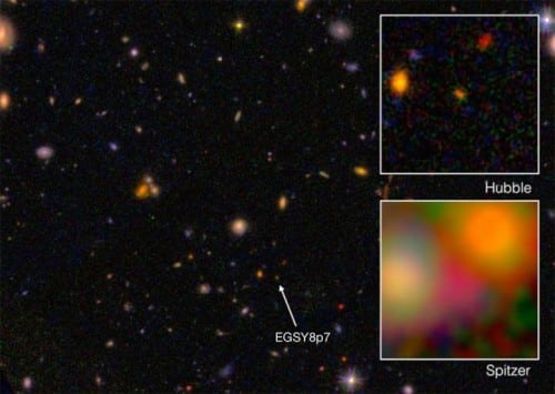 The galaxy EGS8p7 as seen from the Hubble Space Telescope (the large image and the image on the upper right, and by the Spitzer Space Telescope) lower right in infrared. I. Labbe, (Leiden University), NASA/ESA/JPL-Caltech