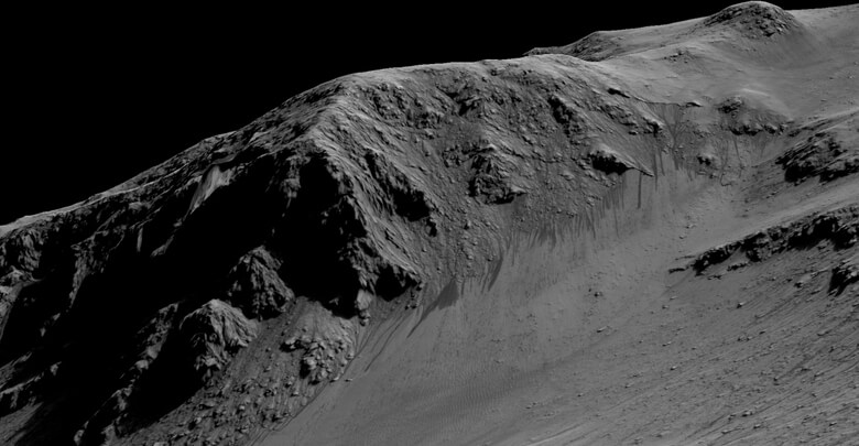 The thin, dark streaks on the slopes of Bamai hills like the one in the section of the Horowitz Crater could have been formed by the seasonal flow of water on present-day Mars. The channels are several hundred meters long