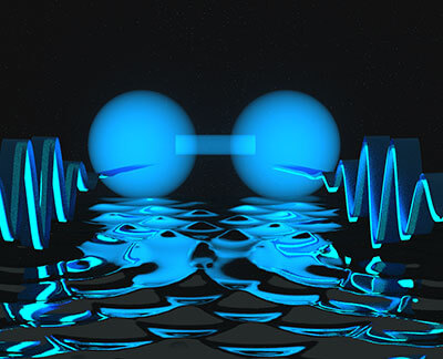 חוקרים הראו כי שני פוטונים, הנראים כאן בתור גלים (מימין ומשמאל), יכולים להתחבר במרחק קצר זה מזה. בתנאים מסוימים, פוטונים אלו יכולים ליצור מצב הדומה למולקולה דו-אטומית, מצב המוצג על ידי צורת המשקולת הכחולה שבמרכז התנועה. איור: NIST