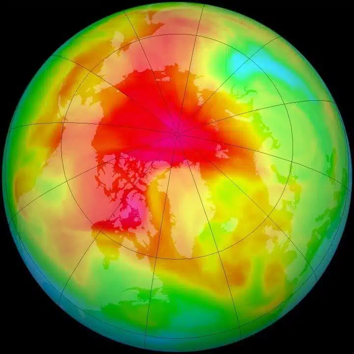 החור בשכבת האוזון מעל הקוטב הצפוני. תצלום: NASA
