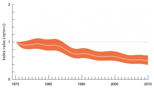 גרף 2: ההתדרדרות בגודל אוכלוסיות הדגים בין השנים 1970 ל-2010. מקור: דו"ח מצב הים של ה-WWF לשנת 2015.