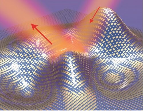 The image depicts a three-dimensional illustration of the disappearance cloak of a metasurface consisting of an ultra-thin layer of nano-antennas (gold particles) that masks the underlying bone. The light is deflected out of the surface of the cloak (red arrows) as it would be deflected by a flat mirror. [Courtesy: Xiang Zhang group, Berkeley Lab/UC Berkeley]