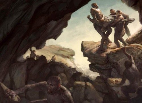 Throwing corpses into an isolated room in a cave, to protect them from scavengers, is probably the first burial custom. Illustration ART BY JON FOSTER. SOURCE: LEE BERGER, WITS