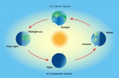 המחשה של תנועת כדור הארץ סביב השמש הגורמת להבדלים באורך היום וכמובן גם לחילופי עונות השנה. צילום: shutterstock