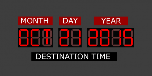 השעון הדיגיטלי מ-1985 המותקן במכונית הדלוריאן ואשר מכוון אותה ל-21 באוקטובר 2015. מתוך ויקיפדיה