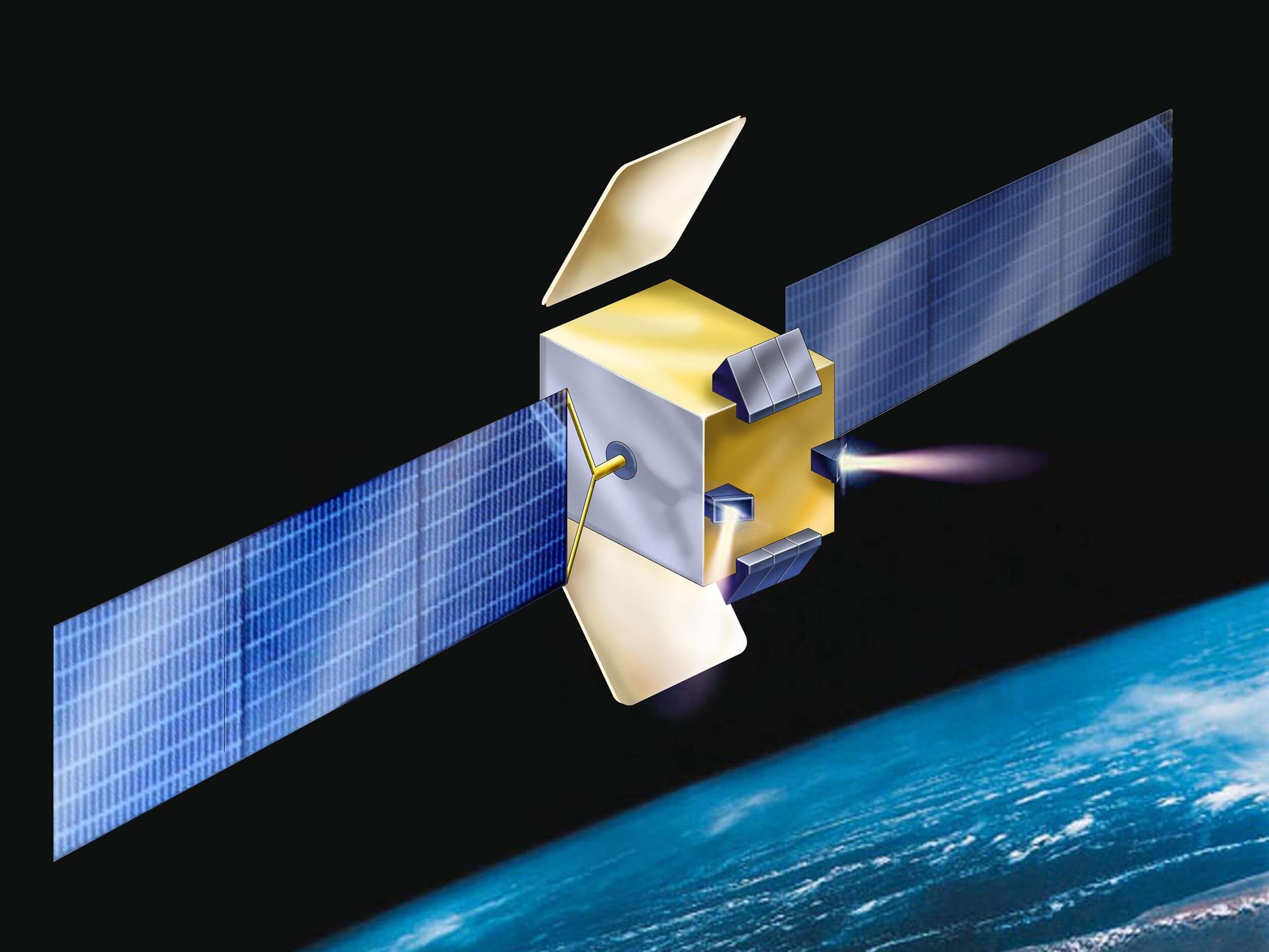 Simulation of the loaded satellite E. Note the nozzles of the propulsion system in the lower part of the satellite. Illustration: The Aerospace Industry