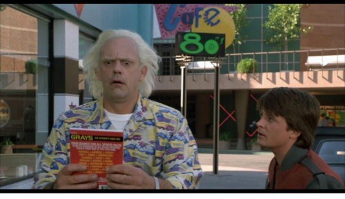 Marty McFly (Michael J. Fox) and Doc Emmett Brown (Christopher Lloyd) arrive in 2015. Screenshot from the movie "Back to the Future 2"