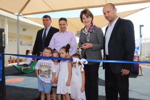 The Kindergarten, "Mada-Kids", the first of its kind in Israel, was launched. Inauguration of a scientific Kindergarten in Be'er Sheva. From the right: Minister of Education Naftali Bennett, Marilyn Hewson, Chairman, CEO and President of Lockheed Martin, Mayor of Beer Sheva Rubik Danilovich, Chairman of the Rashi Foundation, Rabbi (representative) Gabi Ashkenazi. Photo: Sashon Tiram