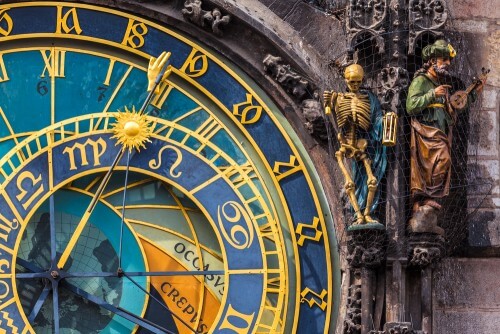 השעון האסטרונומי בפראג ושתיים מהדמויות שיוצאות במהלך המופע המתקיים מדי שעה עגולה בין תשע בבוקר לתשע בערב. צילום: shutterstock