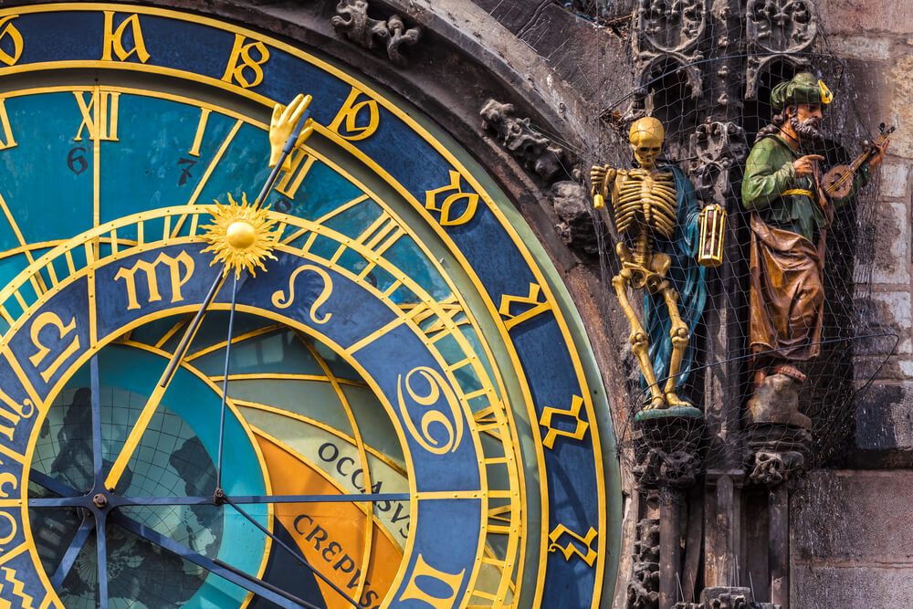 חלקו התחתון של השעון האסטרונומי בפראג ושתיים מהדמויות שיוצאות במהלך המופע המתקיים מדי שעה עגולה בין תשע בבוקר לתשע בערב. צילום: shutterstock