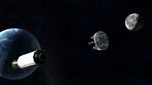 הדמיית שיגור החללית הישראלית של חברת SpaceIL לירח מהשלב השלישי של טיל פאלקון 9 של חברת SpaceX. השיגור צפוי לקראת סוף 2017. צילום: באדיבות SpaceIL