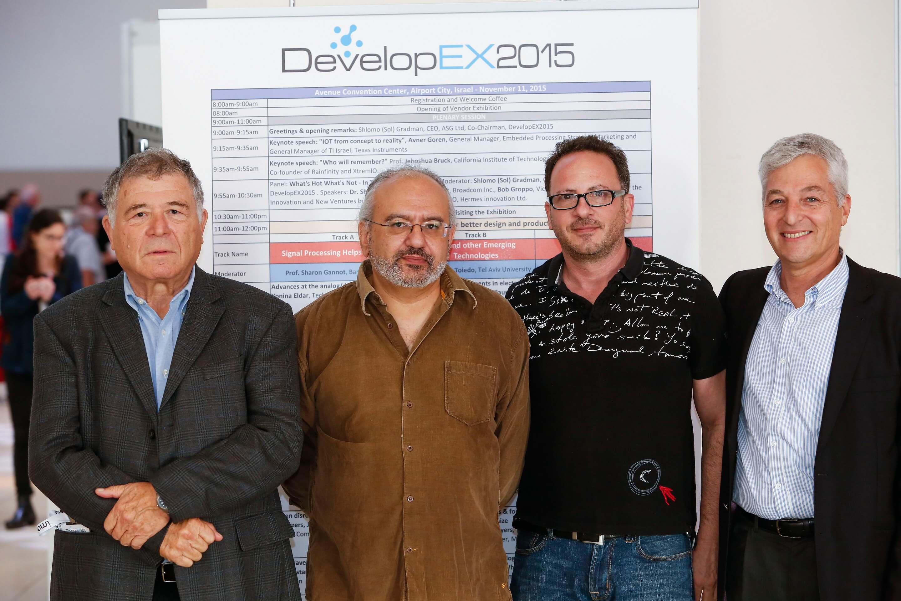 Participants of the entrepreneurship panel at the DevlopEX2015 conference. From the right: Shlomo Gerdman, Doron Marco, Prof. Simon Litzin, Gabi Idan. Photo: Kobi Kantor