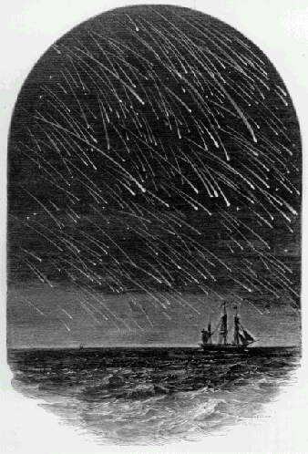Wood engraving from 1799 depicting a view of the Leonid meteor from the sea. Public Domain