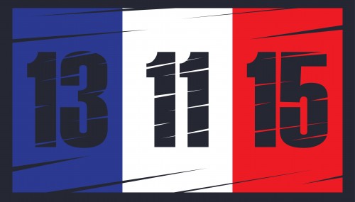 العلم الفرنسي على خلفية سوداء حدادًا، وتاريخ وقوع المذبحة في عدة مواقع شمال باريس في وقت واحد تقريبًا، 13/11/15. الرسم التوضيحي: شترستوك