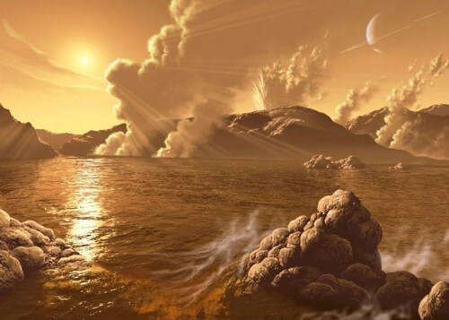 נוף בטיטאן, ירחו של שבתאי. האם הוא מתאים לחיים? איור: נאס"א וסוכנות החלל האירופית