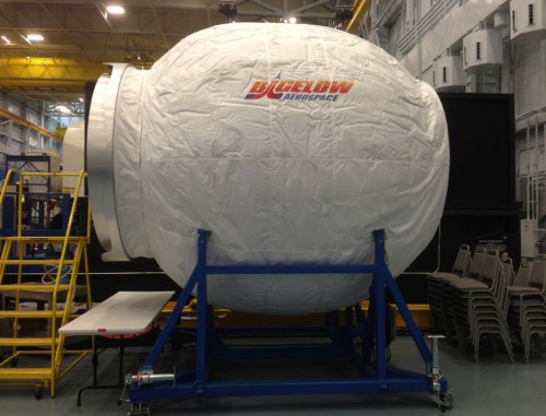 A model of the BEAM inflatable experimental module that is now awaiting launch and connection with the International Space Station next year. Source: NASA.