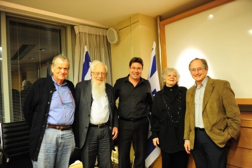 In the photo from right to left: Prof. Michael Levitt, Prof. Ada Yonat, Minister Ofir Akunis, Prof. Israel Oman, Prof. Aharon Chachanover. Photo: L.A.M.