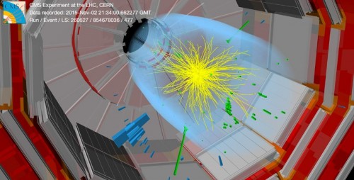  איור 1: מאורע התנגשות בגלאי CMS שתוצאתו שני פוטונים (הקווים הירוקים) שמסתם הכוללת כ-GeV 750 (צילום: CMS, CERN)