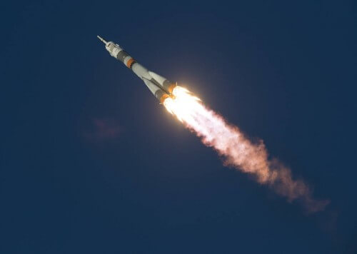 The launch of the Soyuz spacecraft on a Soyuz launcher from the Baikonur space cosmodrome. Source: NASA.