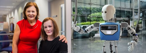 Prof. Nadia Tahalman (on the left) next to the Nadine robot built at NTU. On the right, the remote presence robot Edgar