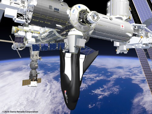 A simulation of Dream Chaser docked at the International Space Station. Source: Sierra Nevada Corporation.