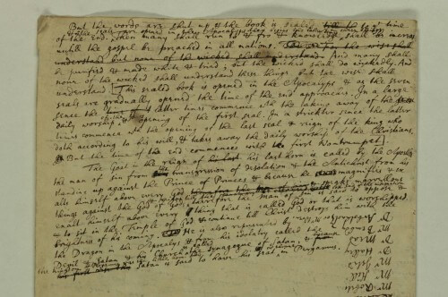 On the top side of the page we are exposed to Newton delving into the vision of John appearing in the New Testament. Newton describes the days before the end of the world according to his understanding of the scriptures, the last trumpet and the fight against the Antichrist that will herald the end of time, a period after which only the faithful will survive and get to see the return of Jesus on earth.