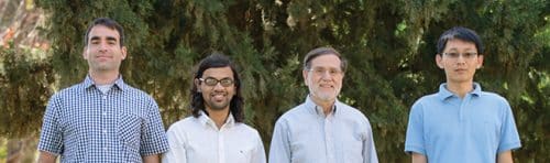 From the right: Dr. Xinfeng Su, Prof. Shmuel Shafran, Dr. Kingel Desvives and Ohad Cohen. Heartbeats. Photo: Weizmann Institute