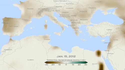 מאזן המשקעים באיזור הים התיכון נכון לחודש ינואר 2012, גוונים חומים מראים ירידה בכמות המים לעומת ממוצע השנים 2002-2015 באזור הים התיכון בסנטימטרים. הנתונים מלווויין GRACE – משימה משותפת של נאס"א וסוכנות החלל הגרמנית. צילום: נאס"א/גודארד