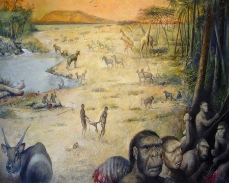 Reconstruction of a 1.8 million year old living environment in Tanzania where hominins lived in competition with predators for hunting. Image: M. Lopez-Herrera via The Olduvai Paleoanthropology and Paleoecology Project and Enrique Baquedano.
