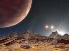 פרשנות אמנותית של ירח היפותטי המקיף כוכב לכת שהתגלה במערכת צפופה בת שלושה כוכבים. איור: נאס"א/קאלטק