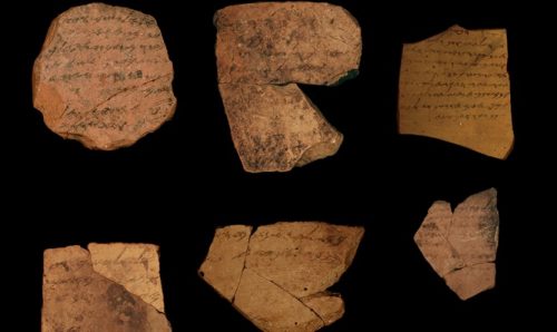 "Ostracones (inscriptions in ink on fragments of pottery) from the Judean citadel in Arad. The inscriptions date to the end of the First Temple, approximately 600 BC. Photos courtesy of Tel Aviv University (photographer: Michael Kordonsky) and the Antiquities Authority.