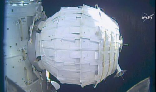 The BEAM module in its inflated configuration, May 28, 2016. Source: NASA TV