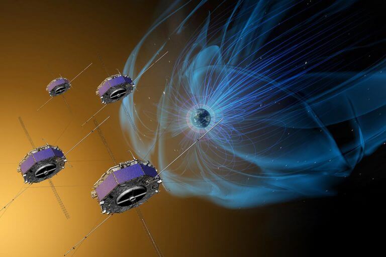 An array of MMS satellites that study the Earth's magnetosphere. Image: NASA/Goddard/Conceptual Image Lab