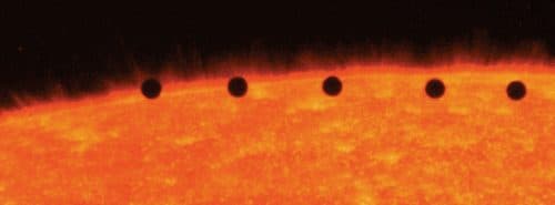 Combination of images of the transit of Mercury across the Sun in 1999, in ultraviolet light. Photo: NASA