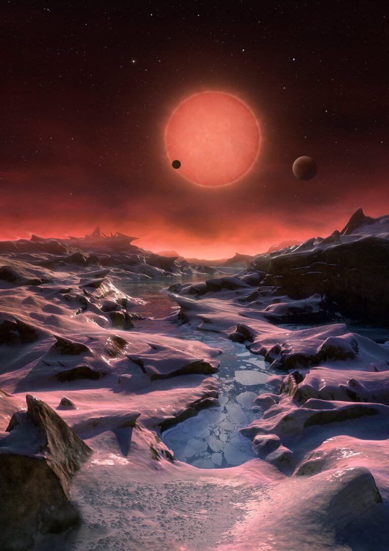 הדמיית אמן של מראה מפני השטח של אחד משלושת כוכבי הלכת המקיפים את הכוכב הננס הקר TRAPPIST-1 הנמצא במרחק 40 שנות אור. CREDIT: ESO/M. KORNMESSER