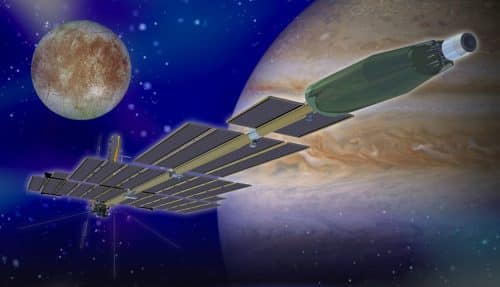 Simulation of the JIMO spacecraft against the background of Jupiter and Europa. From Wikipedia