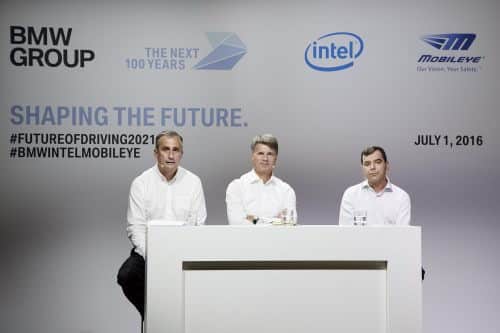 From left to right: Intel CEO Brian Krazenitz, BMW President Harold Krueger and Mobileye President Prof. Amnon Shashua. PR photo