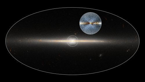 מפת allsky WISE מראה את גלקסיית שביל החלב. המעגל המרכזי מדגיש את מרכז הגלקסיה ובהגדלה רואים את המבנה בצורת X. צילום:Credit: NASA/JPL-Caltech; D. Lang/Dunlap Institute