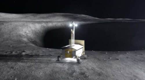 A robotic lunar rover searches for ice in a crater. Image: NASA