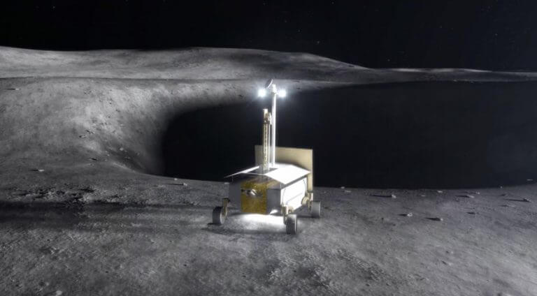 A robotic lunar rover searches for ice in a crater. Image: NASA