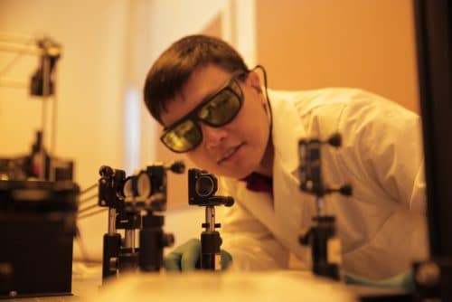 Hongrui Jiang, a professor of electrical and computer engineering at the University of Wisconsin-Madison in his lab. Photo: Stephanie Precourt