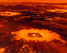 מכתשי פגיעה על פני השטח של נוגה. תמונה בצבעים מלאכותיים המבוססת על נתוני מכ"ם. מתוך ויקיפדיה