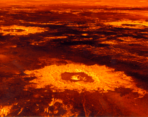 الحفر الأثرية على سطح كوكب الزهرة. صورة ملونة اصطناعية بناءً على بيانات الرادار، من ويكيبيديا