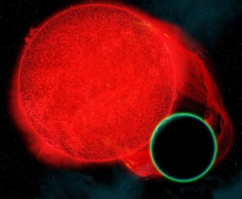 תיאור אמן של כוכב לכת בעל אטמוספירה המקיף ננס אדום.