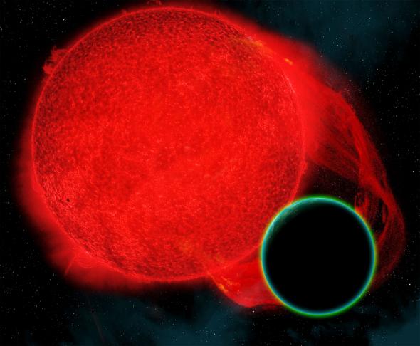 תיאור אמן של כוכב לכת בעל אטמוספירה המקיף ננס אדום.