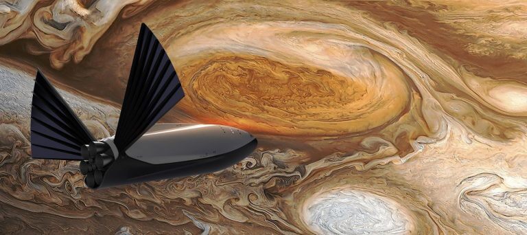 Visualization of the "Interplanetary Transportation System" (ITS) against the background of Jupiter's Great Red Spot. According to Musk, the system's motorized landing capability could allow it to reach even the distant moons of Jupiter, anywhere in the solar system. Source: Spice X.