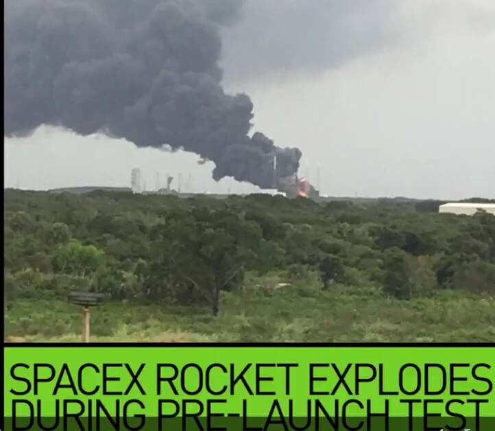 An explosion from SpaceX's Falcon 9 launcher on the launch pad in Florida with the satellite loaded 6. Screenshot from RT