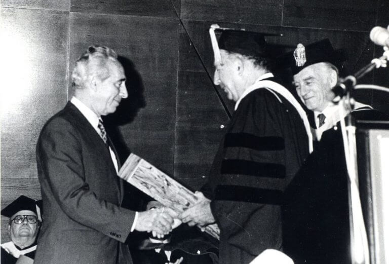 The awarding of an honorary doctorate degree at the Technion to Shimon Peres, 1985. Photo: Technion Spokesperson